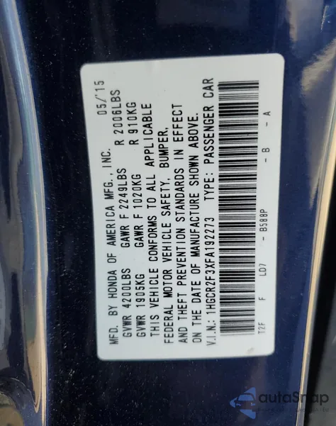 2015 Honda Accord Lx from USA, damaged, VIN 1HGCR2F3XFA192273